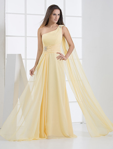 Robe de soirée en chiffon jonquille avec perle à une épaule