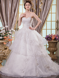 Robe mariage romantique boule ivoire en organza avec encolure coeur