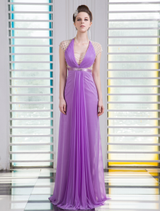Robe de soirée belle lavande fourreau en chiffon avec perles col V à traîne