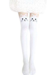 Chaussettes Lolita blanches en nylon unicolores imprimées chat