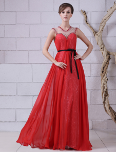 Robe de soirée belle rouge A-ligne en chiffon avec perles col rond longueur plancher