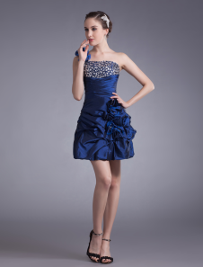 Robe de cocktail en taffetas bleu royal bustier avec strass