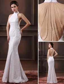 Robe de mariage exquise sirène blanche à licou avec paillettes et paillettes