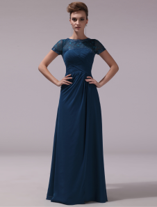 Robe de soirée en chiffon bleu marine foncé avec dentelle