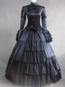 Vintage Costume victorien volants Satin Noir manches longues rétro robe Maxi femmes