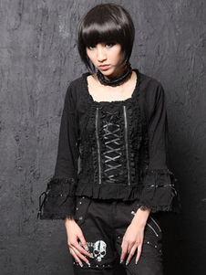 Blouse lolita en coton mélangé manches évasées avec jabot