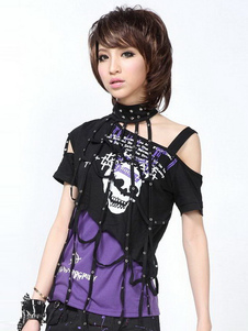 Blouse lolita violet en coton mélangé hors de l'épaule