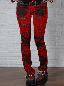 Pantalon Lolita à glissière, coton mixte, rouge imprimé léopard