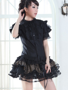 Coton noir Lolita Blouse manches courtes dentelle Ruffles garniture
