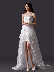 Robe de mariée fleurie A-ligne en tulle avec fleur modèle bustier coupe asymétrique