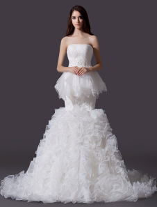 Robe mariée magnifique sirène en organza à volants modèle bustier traîne chapelle