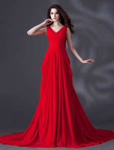 Robe de mariée A-ligne en chiffon rouge avec pan latéral col V