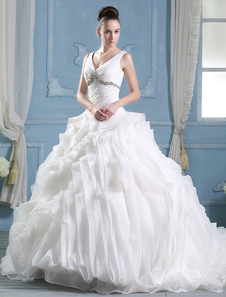 Chic robe mariage boule en organza avec fleur col V traîne courte