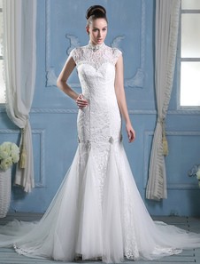 Robe de mariage exquise sirène en dentelle avec perles col roulé traîne courte