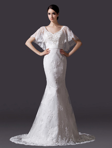 Robe de mariée fabuleuse sirène en dentelle avec dentelle col V traîne courte