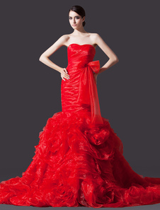 Robe mariage sirène en organza rouge plissé traîne église