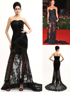 Robe pour Mostra de Venise A-ligne noire en gaze à traîne