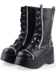 Botte de Lolita Noire en PU avec Lacets de dentelle Talon compensé et Tassel