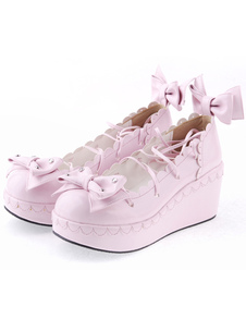 Chaussures Lolita Gothique roses en PU à Bout rond Talon compensé