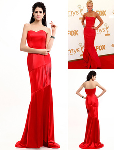 Robe de célébrité sirène rouge en satin stretch encolure coeur