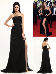 Robe pour Festival de Cannes A-ligne noire en chiffon encolure coeur à à traîne