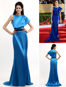 Sexy bleu royal élastique tissé robe de célébrité Satin Giuliana Rancic sans manches