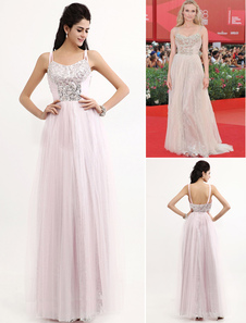 Robe pour Mostra de Venise A-ligne argente en gaze à fines bretelles longueur plancher