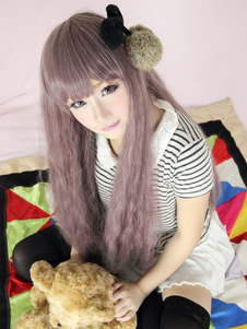 Perruque lolita populaire longue bouclée à mèches pourpres