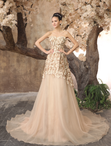 Robe de mariée champagne bustier à traîne chapelle