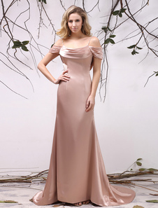 Robe mère de mariée A-ligne en satin de soie stretch hors de l'épaule avec plissement à traîne