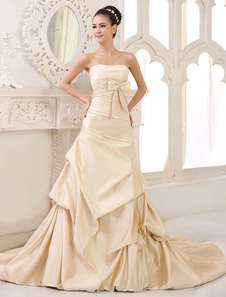 Robe de mariée fabuleuse A-ligne en satin champagne avec noeud bustier traîne courte