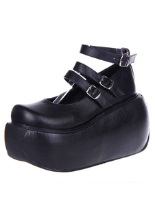 Broderins lolita chic en PU noir avec talons hauts compensés