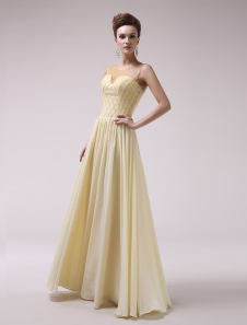 Robe de soirée belle A-ligne en chiffon avec perles col rond longueur plancher