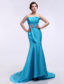 Robe de soirée fourreau bleue ciel claire en taffetas bustier traîne courte