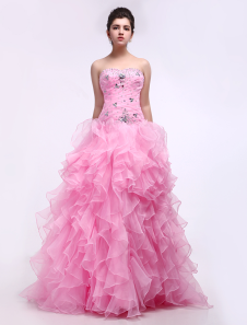 Robe de boule rose en satin et organza encolure coeur