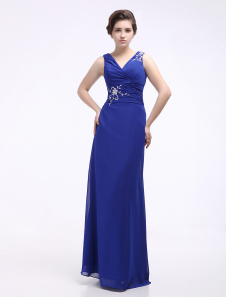 Robe de soirée en chiffon bleu royal avec perles de col V