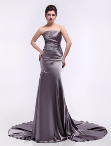 Robe de cérémonie sirène en satin stretch bustier avec perles