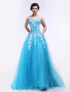 Robe de bal azurée en satin et organza encolure coeur avec perles