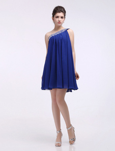 Robe de Cocktail bleue royale avec une épaule et Applique de rhinestones
