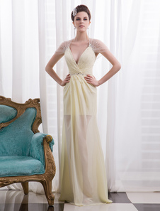 Robe de soirée jonquille fourreau col V avec paillettes longueur plancher