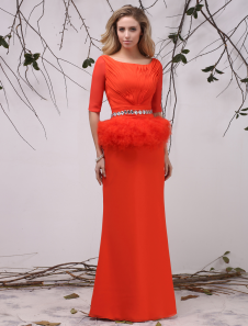 Robe fascinante de soirée orange foncée fourreau col bateau avec plissement
