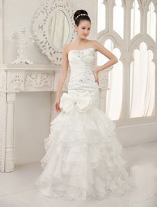 Chic robe mariage sirène en organza ivoire avec perles bustier longueur plancher