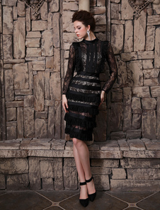 Robe soutenue de cocktail noire fourreau en dentelle col rond avec passepoil