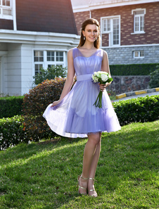 Robe subtenue de bal A-ligne lavande en tulle col V avec fleur longueur genou