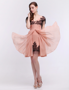 Robe soutenue de cocktail rose A-ligne en chiffon col V plissée longueur genou
