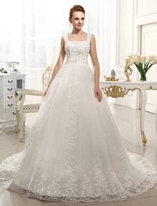 Robe de mariage ivoire avec perles à bretelles à traîne chapelle