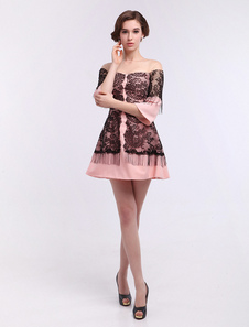 Robe soutenue de cocktail rose A-ligne en chiffon col rond avec dentelle mini