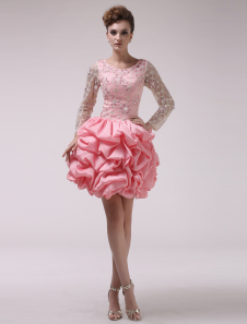 Robe élégante de boule rose A-ligne en chiffon col rond avec perles à taille naturelle