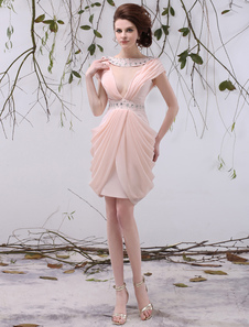 Robe sublimée de cocktail rose fourreau en chiffon col bateau avec perles mini