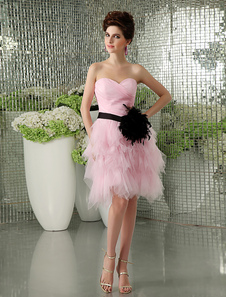 Robe de cocktail A-ligne plissée rose de col en coeur